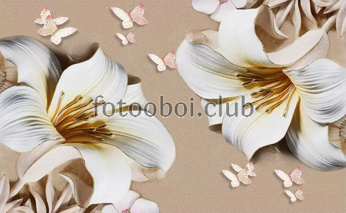 лилии, цветы, бабочки, 3д, 3d